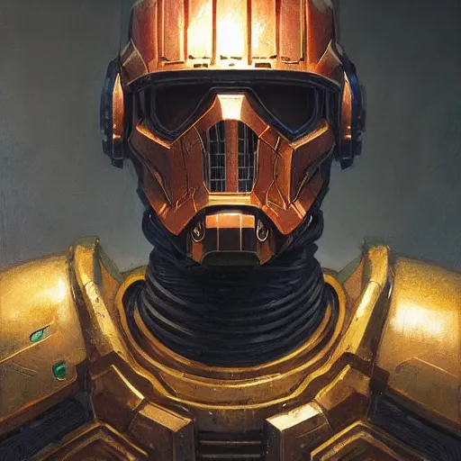 Image similar to the doomslayer with glowing armor as a realistic scifi cyberpunk knight, closeup portrait art by donato giancola and greg rutkowski, vintage retro scifi, realistic face, digital art, trending on artstation, symmetry!!