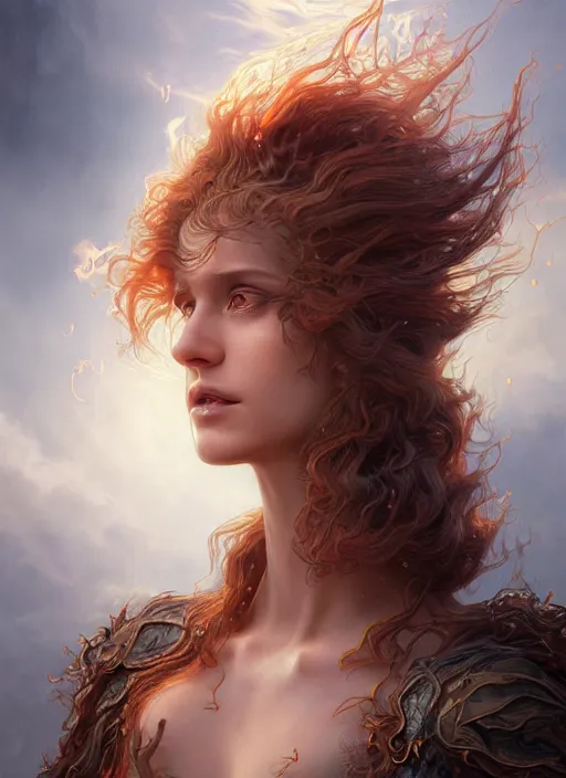 Prompt: creature of the fire!! portrait of a elemental sprite warm murky light, wind blown hair! fantasy esoteric, closeup, d & d, fantasy, intricate, elegant, highly detailed, digital painting, artstation, concept art, matte, sharp focus, illustration, art by artgerm and tom bagshaw and greg rutkowski and alphonse mucha