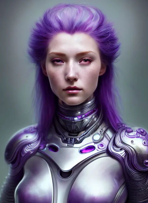 Prompt: a photorealistic detailed image of a beautiful stoic pale woman in sci - fi bionic armor with purple hair, detailed, intricate, elegant, highly detailed, digital painting, artstation, concept art, smooth, sharp focus, illustration, art by hana yata, artem demura, alphonse mucha, octane render, unreal engine, 8 k