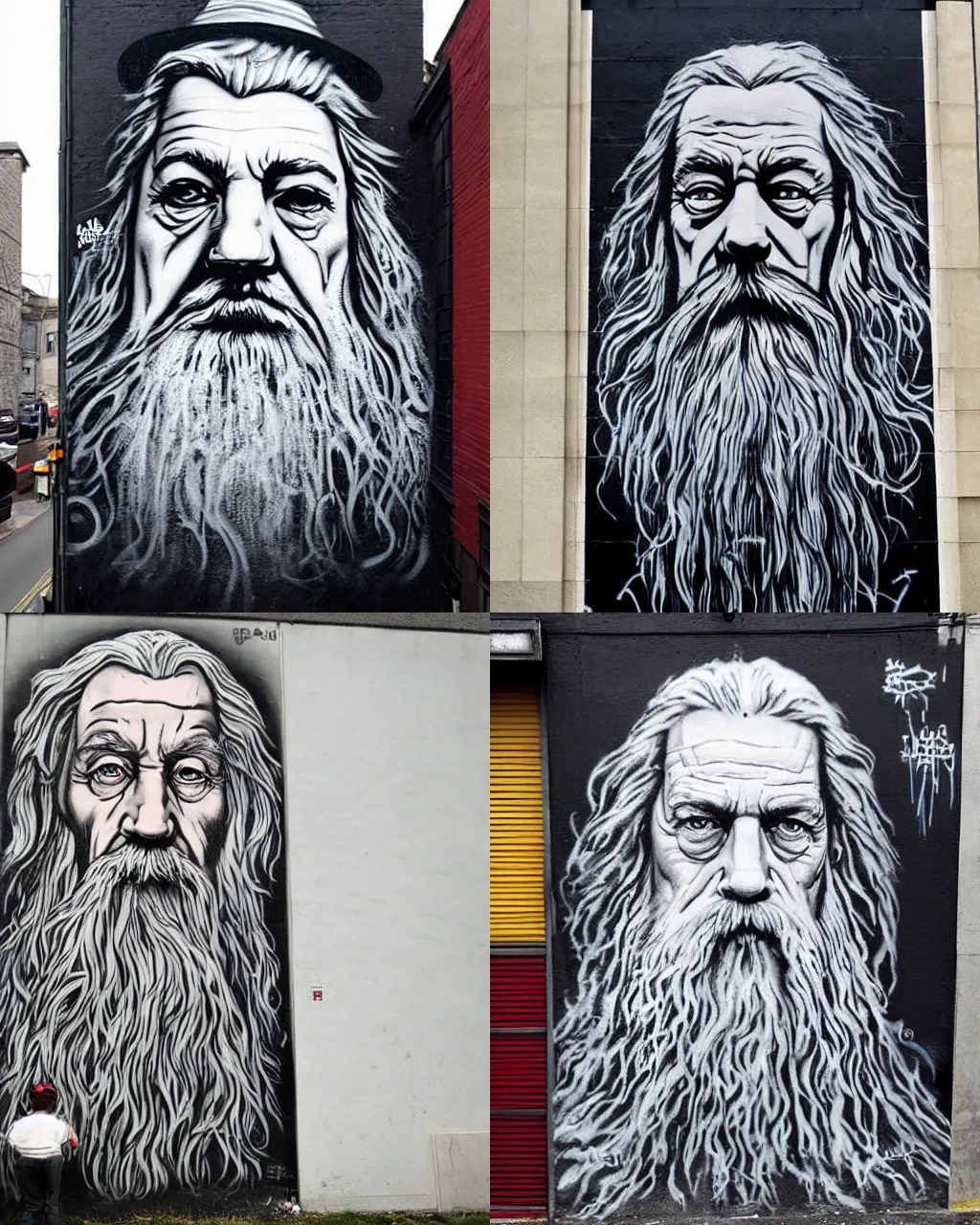 Prompt: graffiti portrait of gandalf the grey, street art by shepard fairey and banksy
