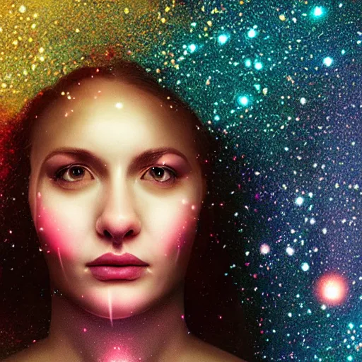 Image similar to woman portrait made out of galaxies floating in space, highly detailed, beautiful, realistic, comic book art, octane render