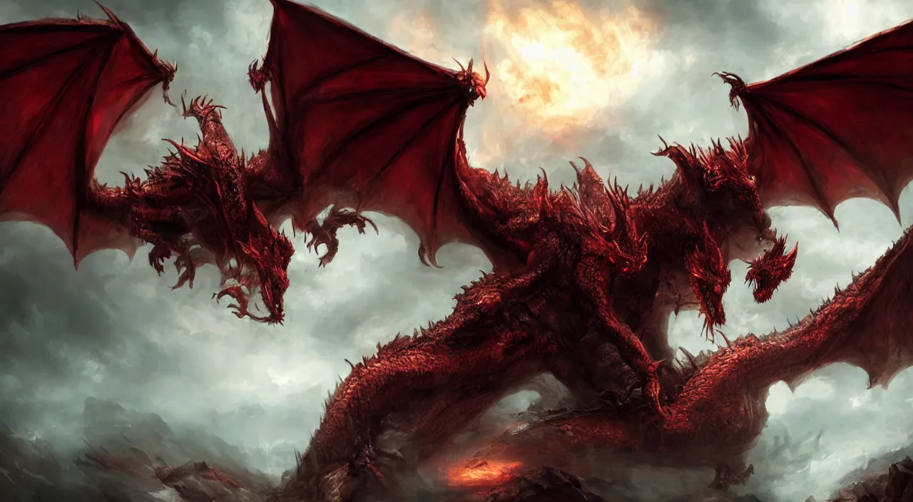 Image similar to from the depths of hell was he summoned, the great dragon beast rose from the fires with gleaming red eyes, in the style of raymond swanland