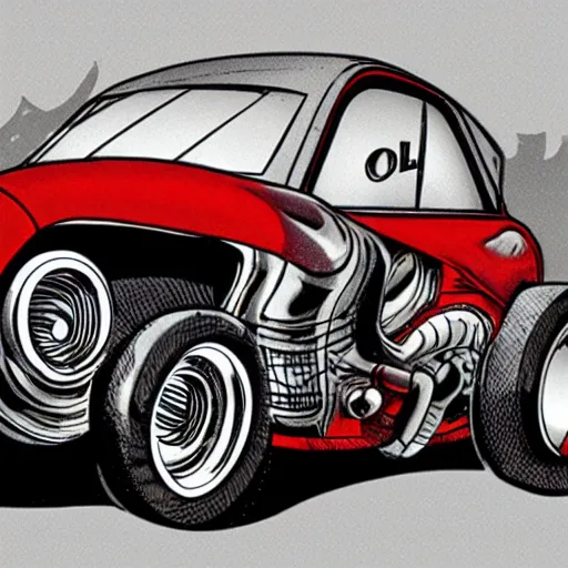 Image similar to giant hotrod drinking oil like a beer, in the style of Ed Roth