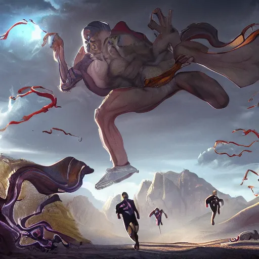 Prompt: landscape of people running from a cryptocoin very scared, the cryptocoin is the villain, cryptocoin levitating, digital art, artstation