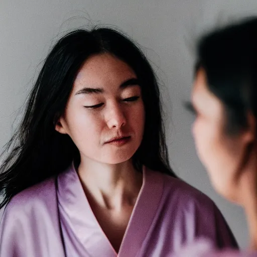 Image similar to , a beautiful girl dressed in robes looking in the mirror at a older girl, 5 0 mm lens, f 1. 4, sharp focus, ethereal, emotionally evoking, head in focus, volumetric lighting, blur dreamy outdoor,