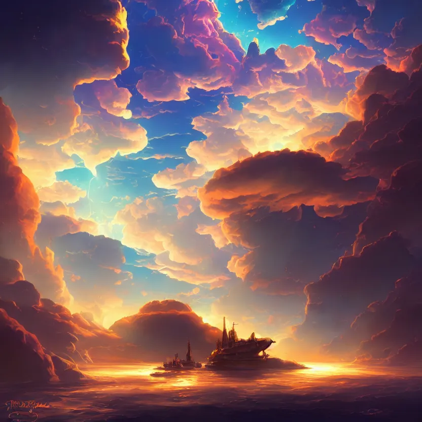 Image similar to treasure planet, clouds, water, beautiful lighting, vivid colors, intricate, elegant, smooth, sharp focus, highly detailed digital painting, concept art, cinematic, unreal engine, 4 k wallpaper, art by syd mead, terada katsuya, atey ghailan, svetlin velinov, cgsociety, artstation trending