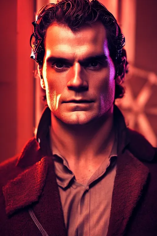 Prompt: cyberpunk, neon lights, dramatic lighting, a colorful close - up studio photographic portrait of henry cavill by steve mccurry