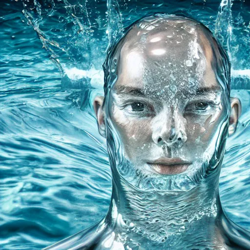 Prompt: water artwork manipulation in the shape of a human head, on the ocean water, ray tracing, realistic water sharp focus, long shot, 8 k resolution, cinematic, amazing water art