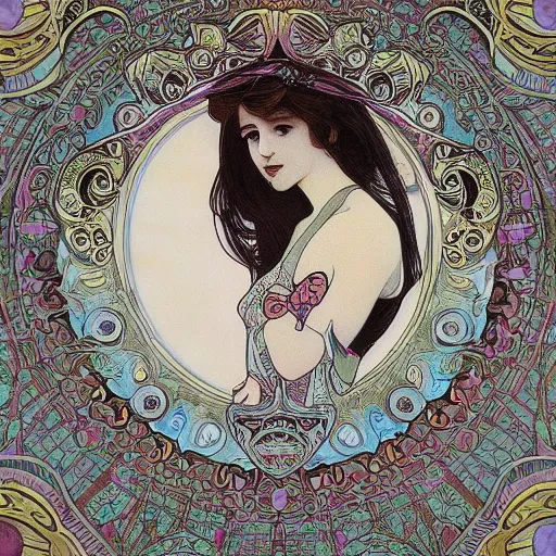 Image similar to Alice in Wonderland,Diamonds Blaze,Rose twining,out of time and space,dreamy, eternity, romantic,highly detailed,in the style of Alphonse Maria Mucha, highly detailed,night lighting