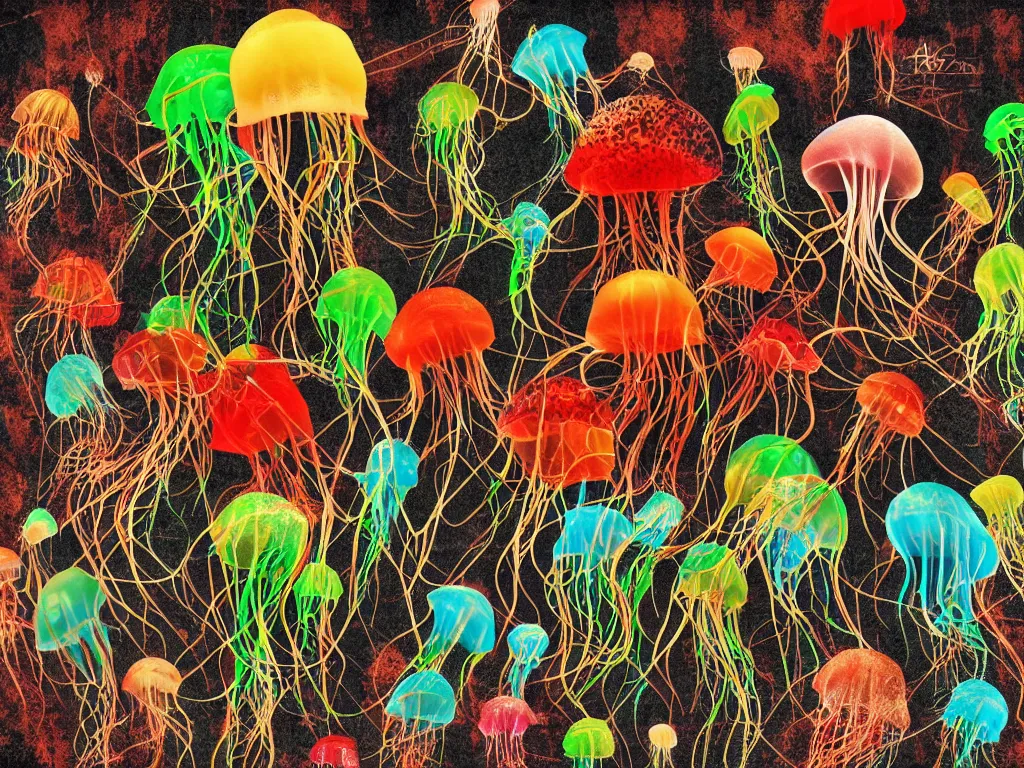 Prompt: side view a group of hamburger mix jellyfish growing form tree branch, super resolution, 8 k, sharp focus, pop art, parton, cyberpunk, pop art, old school, lonely family, style by andy warhol