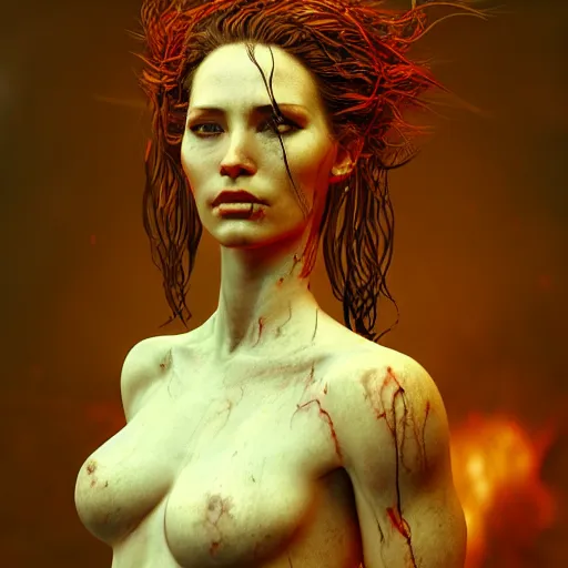 Prompt: sculpture of a woman, gloomy, blood, fire, intricate, elegant, highly detailed, digital painting, artstation, concept art, matte, sharp focus, illustration, octane render, unreal engine, art by aenaluck and roberto ferri and greg rutkowski, epic fantasy, digital painting