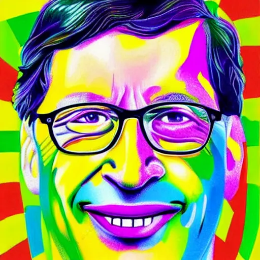 Prompt: Peter Max portrait of Bill Gates on acid