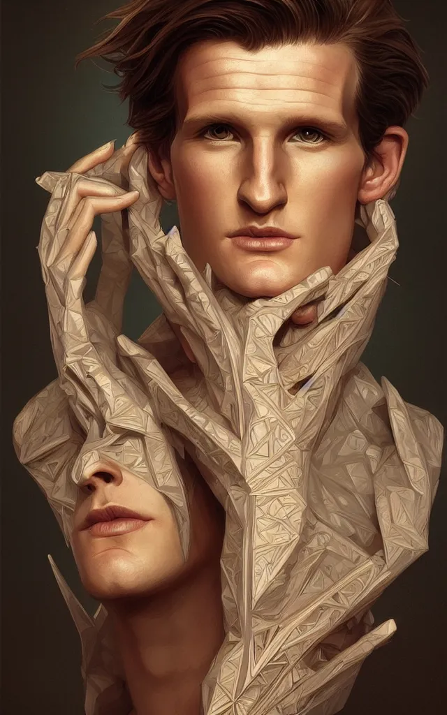 Image similar to symmetry portrait of matt smith, intricate, elegant, highly detailed, digital painting, artstation, concept art, smooth, sharp focus, illustration, art by artgerm and greg rutkowski and alphonse mucha