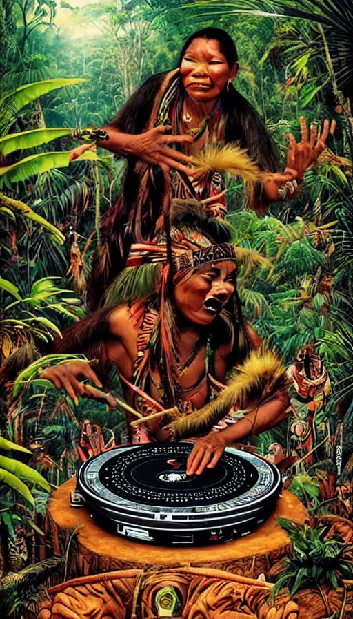 Image similar to an indigenous man deejing with pioneer cdj 3 0 0 0 turntables in the jungle, poster art by daniele caruso, benediktus budi, jason edmiston, vc johnson, powell peralta