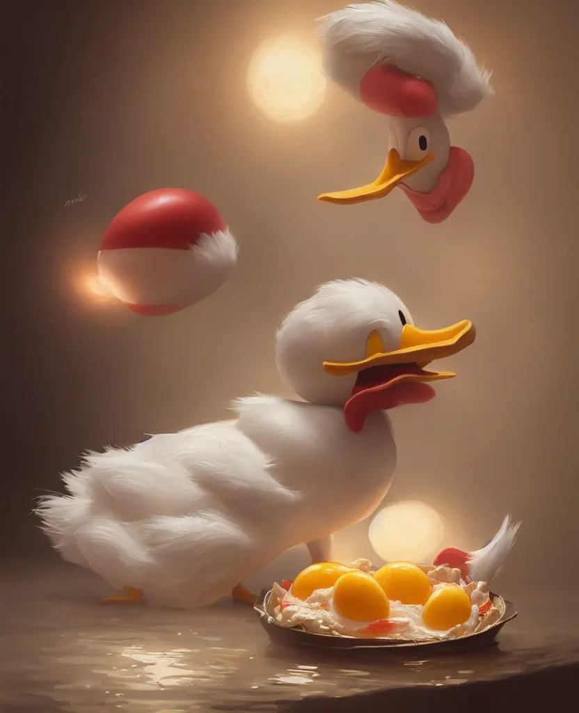 Prompt: realistic photography of a disgusted donald duck eating dirty eggs, deep focus, intricate, elegant, highly detailed, foggy, misterious, digital painting, artstation, concept art, matte, sharp focus, illustration, art by artgerm and greg rutkowski and alphonse mucha