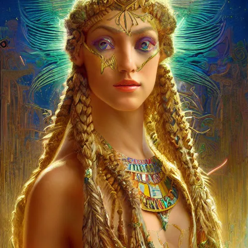 Image similar to artstation, intricate details, hyper details, by gaston bussiere and sandro botticelli, tan skin sumerian mystic lady of elche, egyptian sumerian features, techno mystic princess intergalactica, with aqua neon rapunzel dreadlocks,