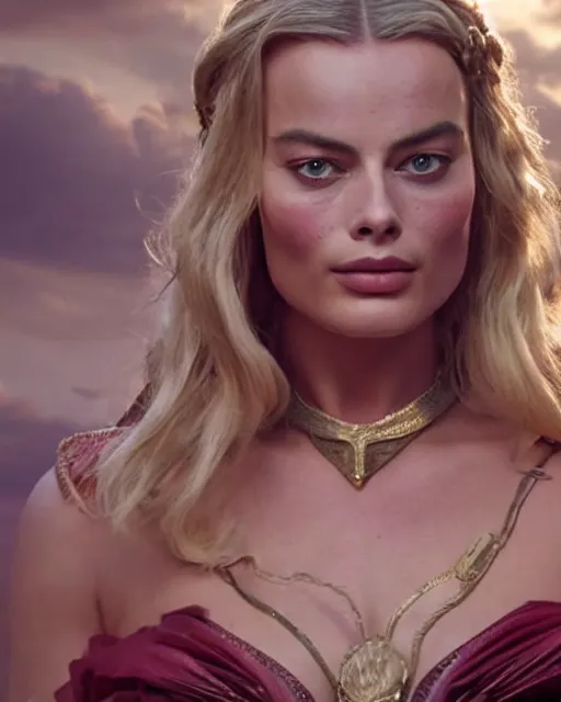 Prompt: margot robbie as a hot Greek goddess in the sky, highly detailed, detailed face, beautiful face, hyper realistic