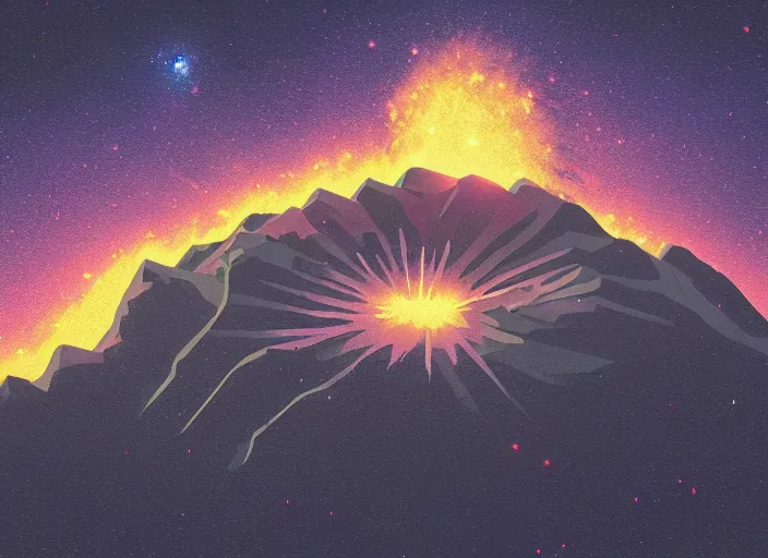 Image similar to isometric view of mountaintop building overlooking an explosion of a galaxy by james gilleard, textured, detailed, beautiful, 8 k wallpaper