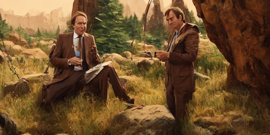 Image similar to photo of saul goodman in the stone age, painting by ying yi, artstation