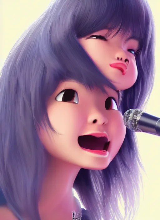 Image similar to a cute asian girl singing, flowing hair in the style of pixar animation, full body shot, low angle view, award winning, hyper detailed, studio lighting, artstation, octane renderer, unreal engine