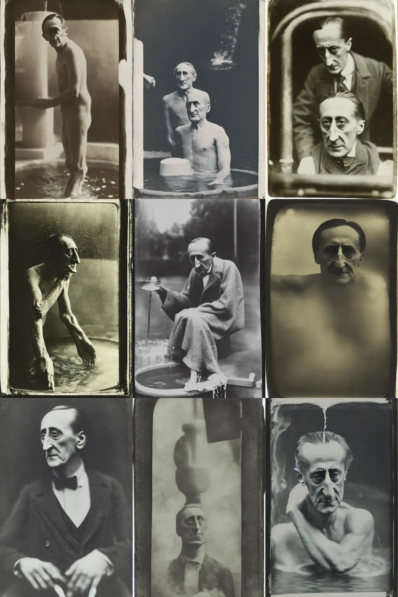 Prompt: tintype portrait of marcel duchamp having a bath at a street fountain