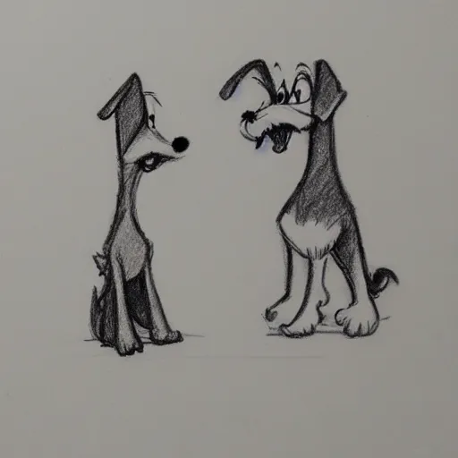 Image similar to milt kahl pencil sketch of happy mini schnauzer cartoon lady and the tramp style