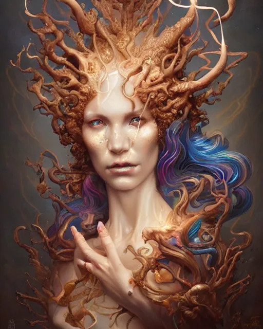 Image similar to iridescent wax dripping beauty portrait, twisting burl wood, burning runic inscriptions, peter mohrbacher, artgerm, james jean