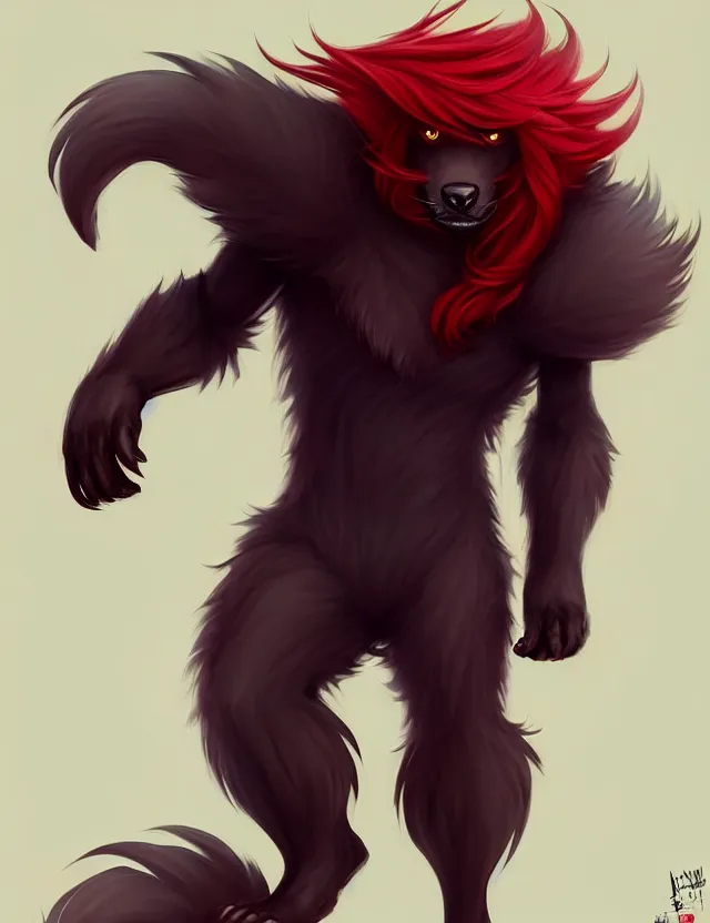 Image similar to character concept art of a black anthropomorphic male furry wolf long red hair | | cute - fine - face, pretty face, key visual, realistic shaded perfect face, fine details by stanley artgerm lau, wlop, rossdraws, james jean, andrei riabovitchev, marc simonetti, and sakimichan, trending on artstation