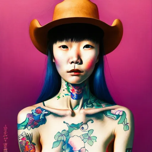 Prompt: full view of taiwanese girl with tattoos, wearing a cowboy hat, style of yoshii chie and hikari shimoda and martine johanna and edward hopper and james gilleard and zdzislaw beksisnski, highly detailed