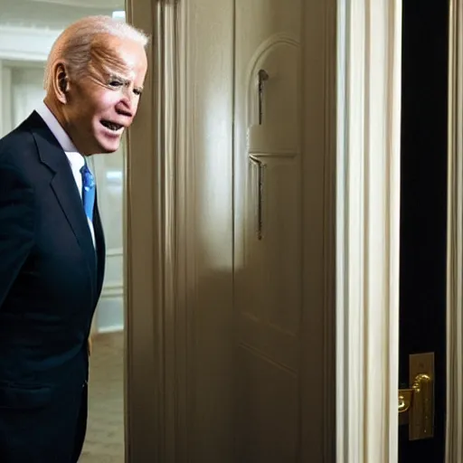 Image similar to biden crashing through door from the movie the shining