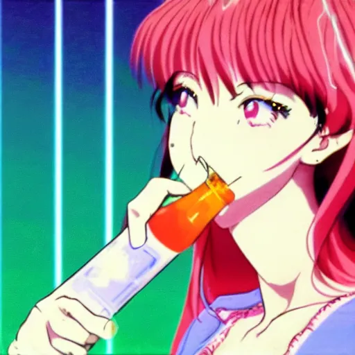 Prompt: beautiful woman drinking straight from liquor bottle, sprite, vaporwave nostalgia, directed by beat takeshi, visual novel cg, 8 0 s anime vibe, kimagure orange road, maison ikkoku, sketch by da vinci