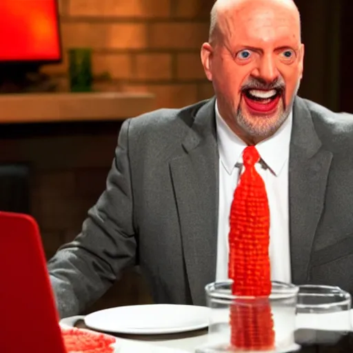 Prompt: Jim Cramer, red faced, eating a hot Cheeto