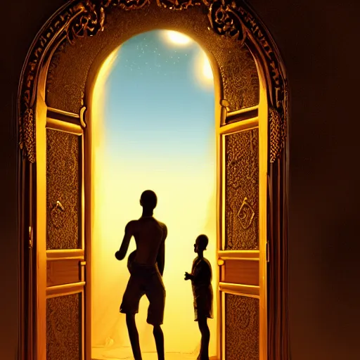 Prompt: an 8 k resolution matte painting of an african boy entering a magical, golden, very ornate door that leads to futuristic heaven, by michael whelan with cinematic, volumetric lighting