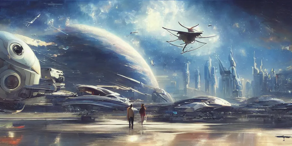 Image similar to gorgeous sci fi imagery | landing spot | space and city flying craft | futuristic | beautiful couple in the foreground heading to their hovering transport | futurism | modern couple | futuristic cityscape in the background | medium angle | by john berkey, greg rutkowski, james gurney