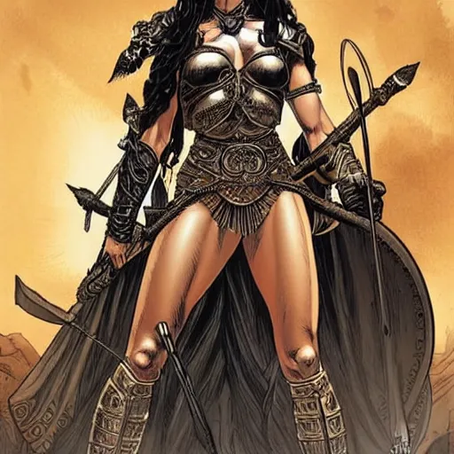 Image similar to greek amazon warrior, a tall beautiful dignified woman with bronzed skin, long raven hair, dressed in full body hellenistic armour, detailed features, intricate, elegant, highly detailed, smooth, sharp focus, detailed face, high contrast, graphic novel, art by pepe larraz,