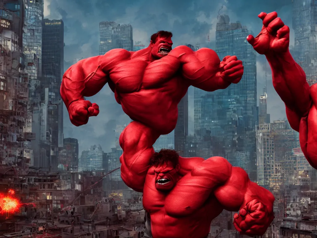 Image similar to Red Hulk invading a large city, epic composition, large scale, octane render, digital art, sharp focus, trending on artstation, action pose