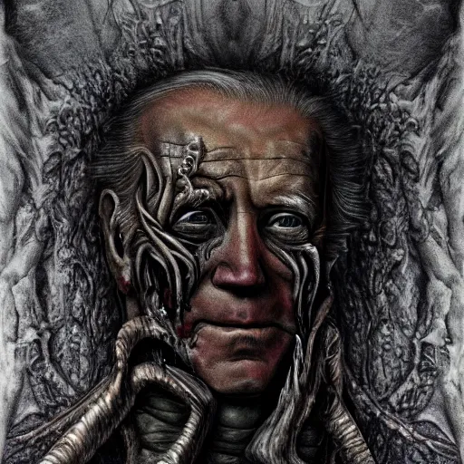 Prompt: biden became bloody ugly lovecraftian degenerate abomination, photo - realistic, color image, 2 k, highly detailed, bodyhorror, occult art, by giger