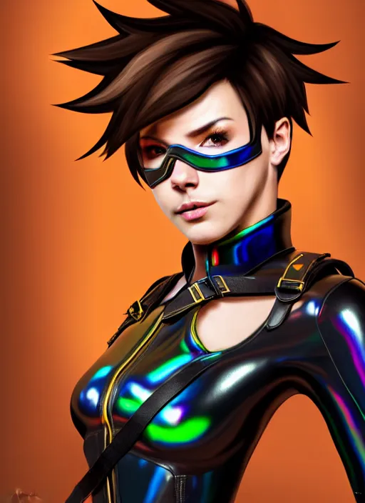 Image similar to hyperrealistic style portrait of tracer overwatch, confident pose, wearing black iridescent rainbow latex, 4 k, expressive happy smug expression, makeup, in style of mark arian, wearing detailed black leather collar, wearing sleek armor, black leather harness, expressive detailed face and eyes,