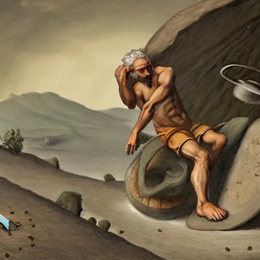 Image similar to Sisyphus taking a break, fantasy art