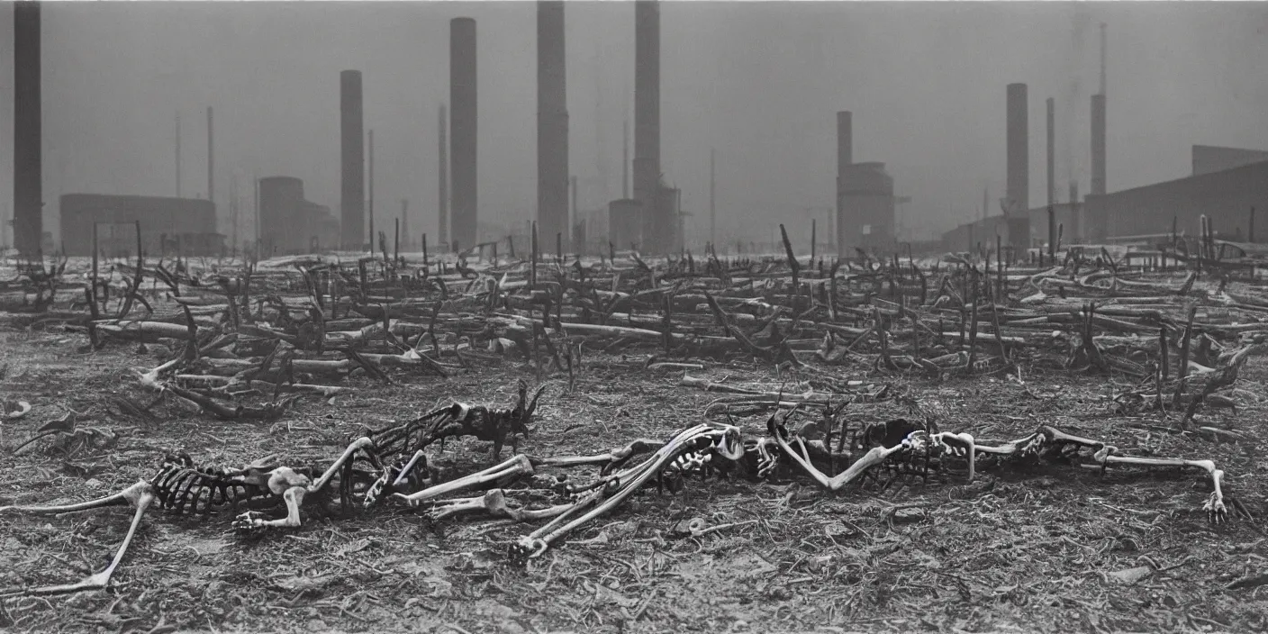 Prompt: portrait photography of deer skeleton laying in a industrial field of fuming huge industrial chimneys and dead trees, machinery, 1. 2 f, 3 5 mm, dark, eerie, 1 9 2 0 s ghost photography