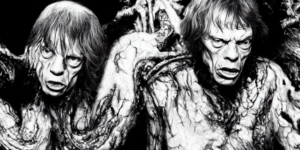 Prompt: mick jagger has an hp lovecraft fantasy horror dream, style of h.r. giger,