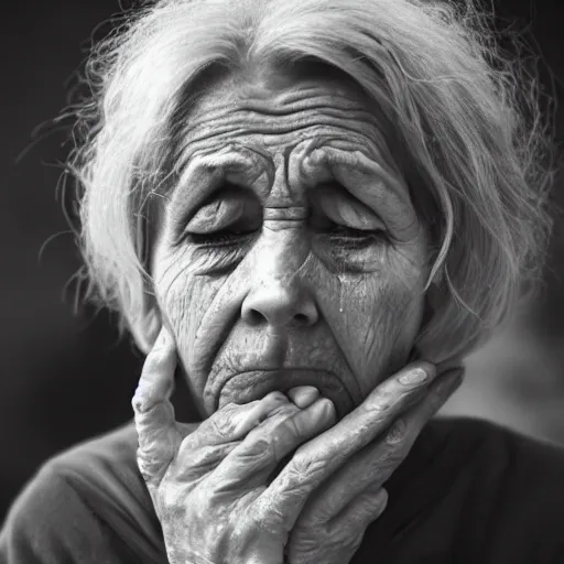 Prompt: sad old woman with heavy wrinkles, wispy grey hair and a tear rolling down her cheek, looking down.