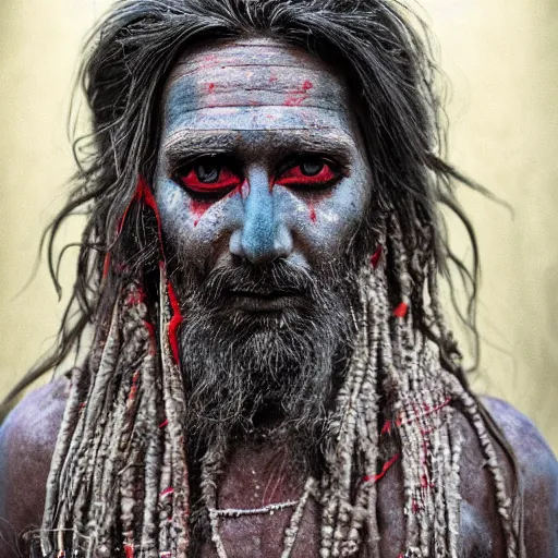 Prompt: 3 5 mm coloured film portrait of strange aghori sadhu covered in ash creature, hyperrealism, photorealistic, detailed, atmospheric, 8 k, award winning photography, cinematic