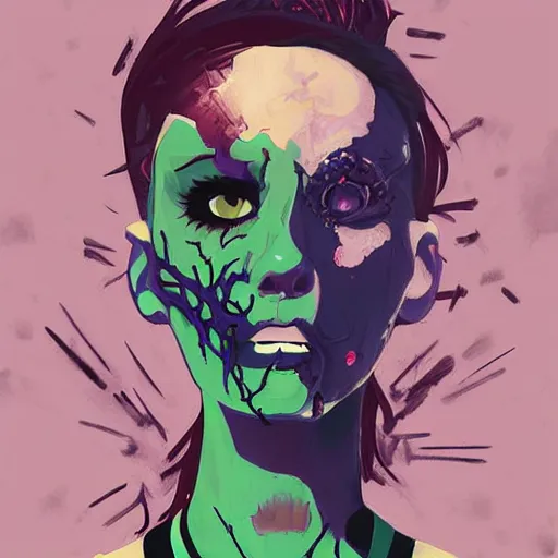 Prompt: Highly detailed portrait of a punk zombie young lady by Atey Ghailan, by Loish, by Bryan Lee O'Malley, by Cliff Chiang, inspired by iZombie, inspired by graphic novel cover art !!!green, brown, black and purple color scheme ((dark blue moody background))