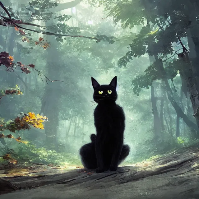 Prompt: a beautiful painting of a single cute black cat in a forest. pixar character design by cory loftis, fenghua zhong, ryohei hase, ismail inceoglu and ruan jia. artstation, volumetric light, detailed, photorealistic, rendered in octane