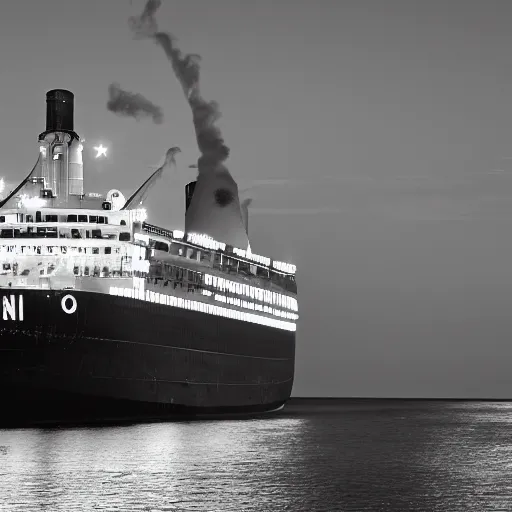 Prompt: ocean liner listing to port, nighttime, 50mm black and white photograph