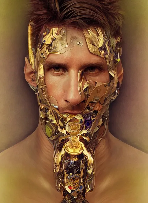 Image similar to lionel messi as a organic cyborg, diffuse lighting, fantasy, intricate, elegant, highly detailed, lifelike, photorealistic, digital painting, artstation, illustration, concept art, smooth, sharp focus, art by john collier and albert aublet and krenz cushart and artem demura and alphonse mucha