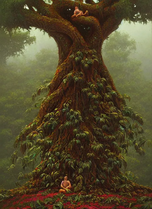 Prompt: ayahuma tree looking like an ent with brown round fruits, art by christophe vacher