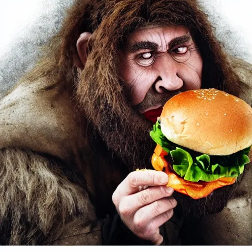 Prompt: realistic detailed sharp photo of a Neanderthal man eating a burger at McDonald's