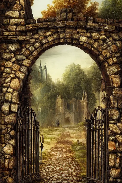 Image similar to beautiful digital painting high quality heavy iron gothic gate in the woods cobblestone ground by Bernardo Bellotto, artstation behance
